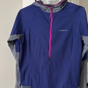 Patagonia Blue and Gray Hoodie with Pink Accents